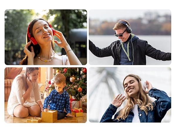 Collage of four images showing people wearing and using various types of headphones or earbuds in different settings, demonstrating audio device versatility and enjoyment.