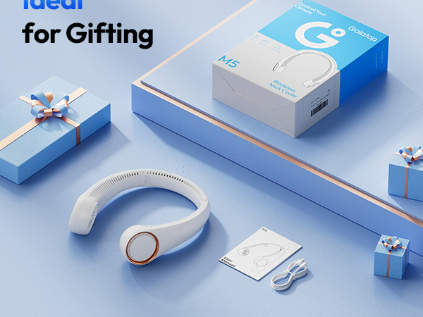 Text reads 'Ideal for Gifting'. Blue and white tech accessories collection including wireless headphones, charging device, USB cables, and gift boxes on light blue surface display.