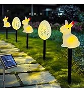 AVEKI 5 Pcs Easter Bunny and Egg Solar Pathway Lights Outdoor, Stake Lights with Steady &amp; Flashin...