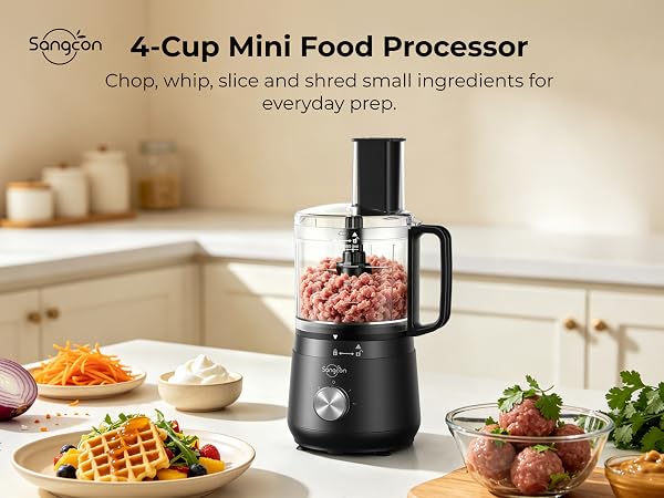 Compact Sangcon food processor with ground meat, chopped vegetables, dip, waffles and meatballs