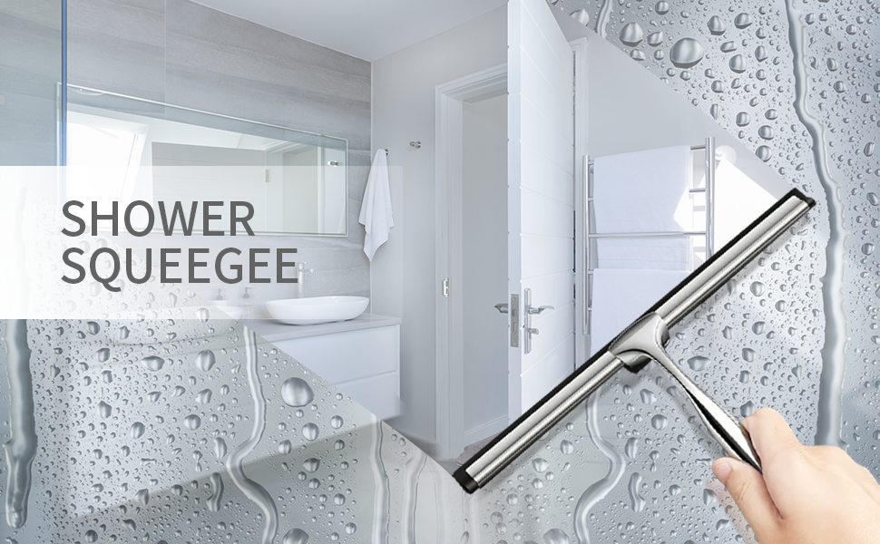 Stainless steel shower squeegee being used on glass surface covered with water droplets in bathroom setting.