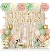 Pink and Sage Green Birthday Decorations for Women Girls, Blush Beige Sand Gold Metallic Printed ...