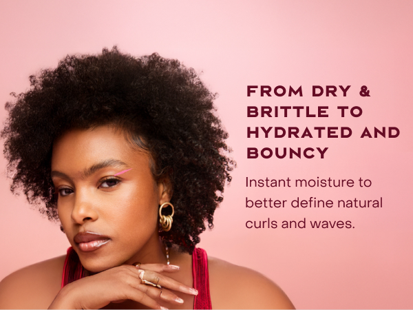 Image of a woman with curly hair, next to text highlighting some benefits of our shampoo.