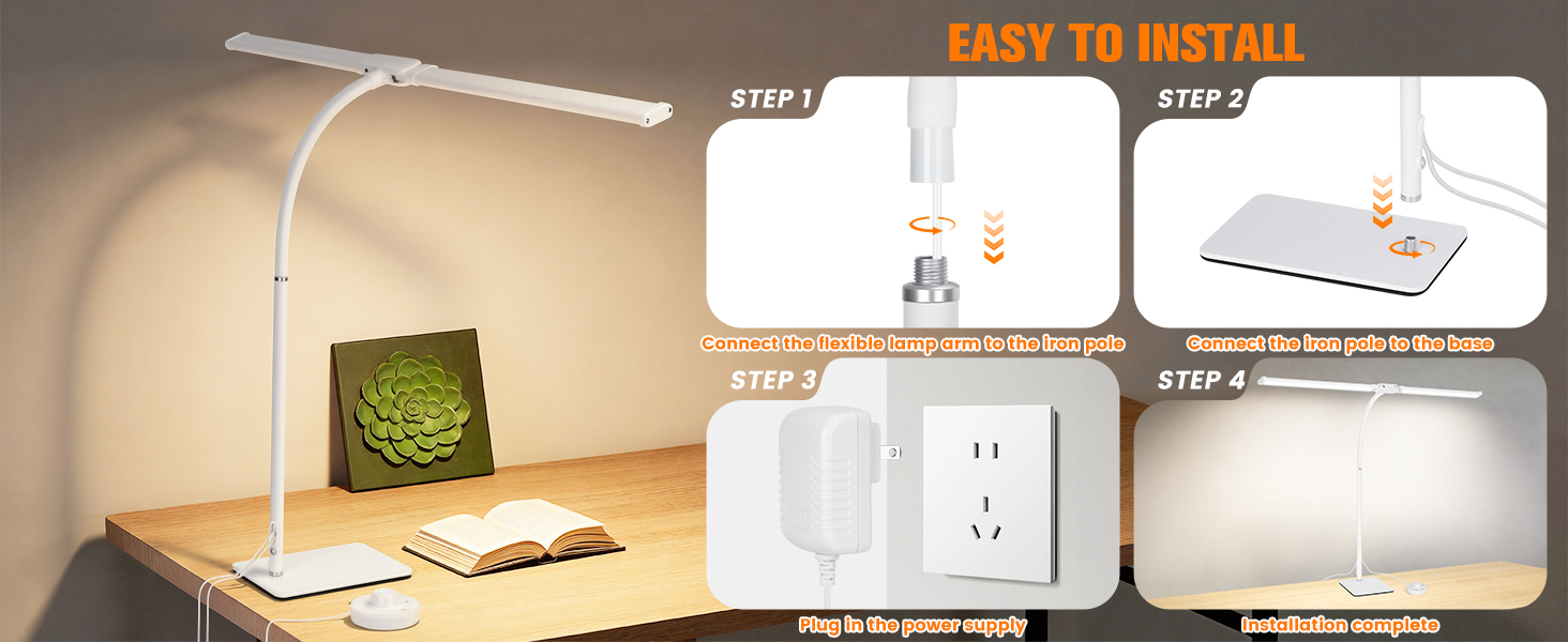 LED Desk Lamp with Base, Double Head Smart Desk Light with Controller Table Lamp for Home Office