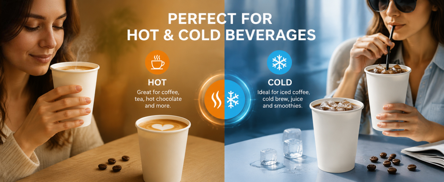 12 oz Disposable Paper Coffee Cups, 100 Count – Leak-Resistant White Cups for Hot &amp;amp; Cold Drinks
