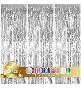TONIFUL 3Pcs Silver Metallic Tinsel Foil Fringe Curtains,3.28ft x 6.56ft Silver Photo Booth Backd...
