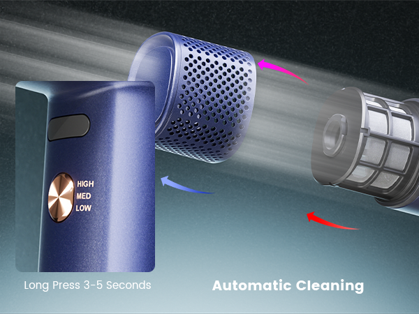 Text reads 'Automatic Cleaning'. Marketing image of blue cylindrical device with mesh pattern, showing cleaning action with particle effects.