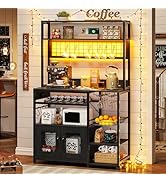 UPOSOJA Kitchen Bakers Rack with Storage Shelves, Microwave Stand with Power Outlet and LED Light...