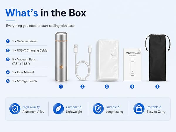 1 x Vacuum Sealer 1 x USB-C Charging Cable 5 x Vacuum Bags 1 x User Manual 1 x Storage Pouch