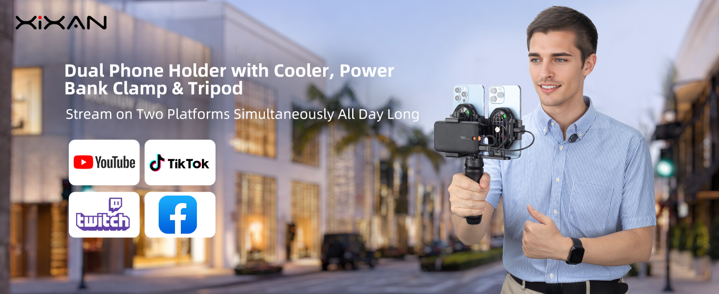 Dual Phone Holder with Cooler, Power Bank Clamp &amp; Tripod Stream on Two Platforms All Day Long