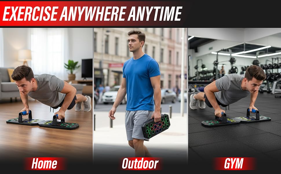 Portable push-up board being used outdoors, at home, and in the gym for versatile workouts.