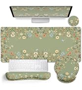 LIMKRIAN Floral Desk Mat Set, Cute Green Desk Accessories Gifts for Women | Mouse Pad with Gel Wr...