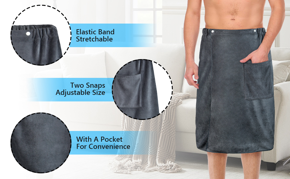 Grey wrap-around garment with labeled features: elastic waistband, adjustable snaps, and convenience pocket. Product details shown in circular callouts.