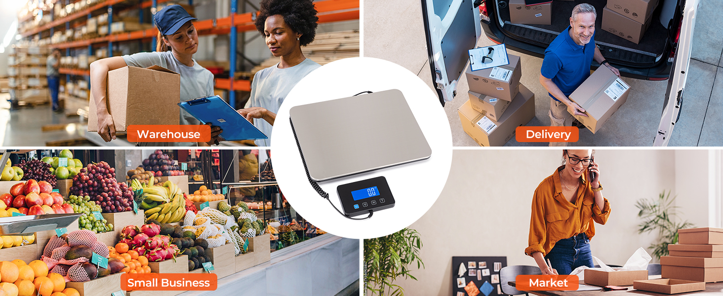 Collage showing a portable digital scale in use across different scenarios including retail, market, and home settings.