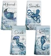 WARDOS Nautical Hand Towels, Coastal Beach Bathroom Decor, Manta Ray Octopus Jellyfish Sea Horse ...
