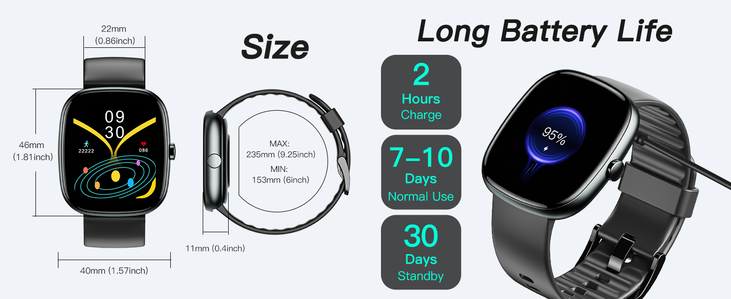 Fitness tracker size: 1.81 inch display, 22mm band. 7-10 days battery, 2hr charge, 30-day standby.