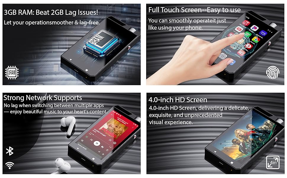 Android MP3 Player with 3GB RAM,Smooth WiFi Music Player, Smart MP4 with Spotify YouTube Google Play