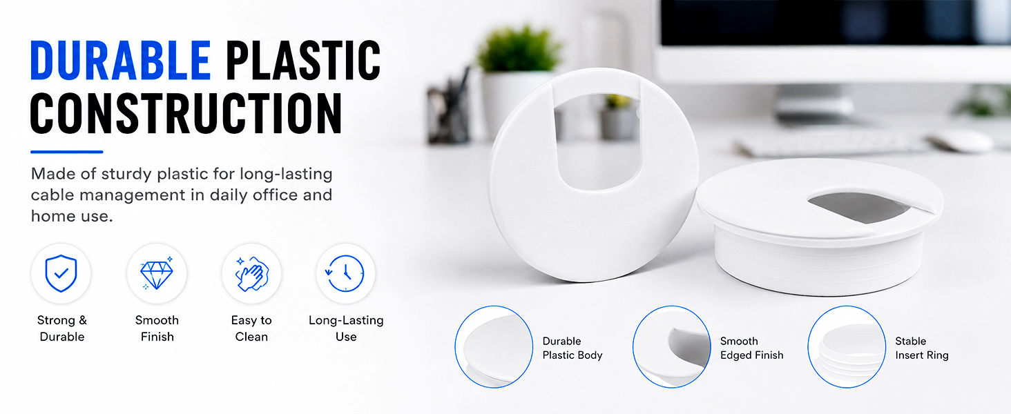 Durable white plastic desk cable grommet with smooth edge and insert ring
