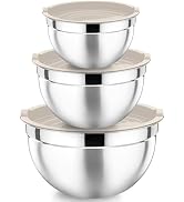 P&amp;P CHEF Khaki Mixing Bowls with Lids, Set of 3, Stainless Steel Salad Nesting Bowl for Mixing, S...