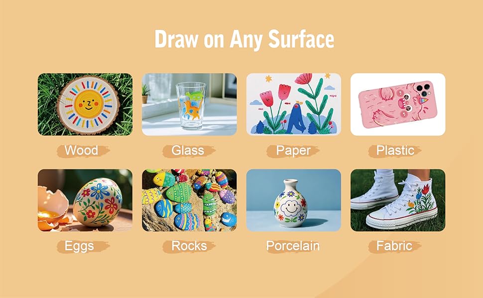 Wood glass paper plastic eggs rocks porcelain fabric draw on any surface