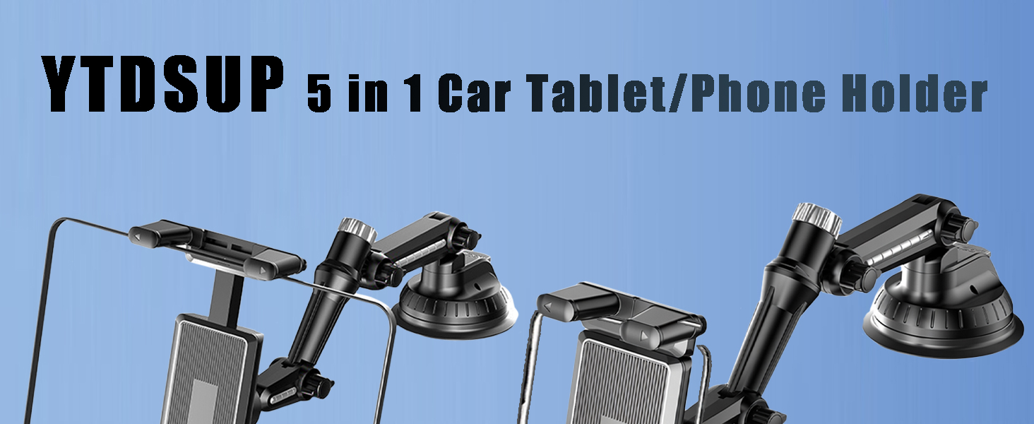 5 in 1 Car Phone Holder, Dashboard Windshield Phone Mount with Strong Suction Cup &amp;amp; Large Clamp