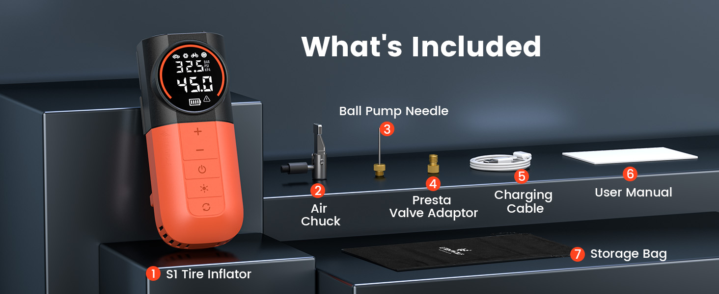 What&amp;#39;s Included. S1 Tire Inflator, Air Chuck, Presta Valve Adapter, Charging Cable, Storage Bag