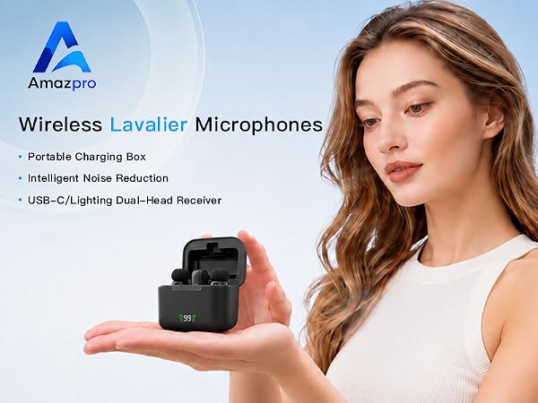 Amazpro dual wireless microphones with charging case for iphone android vlogging kit essentials