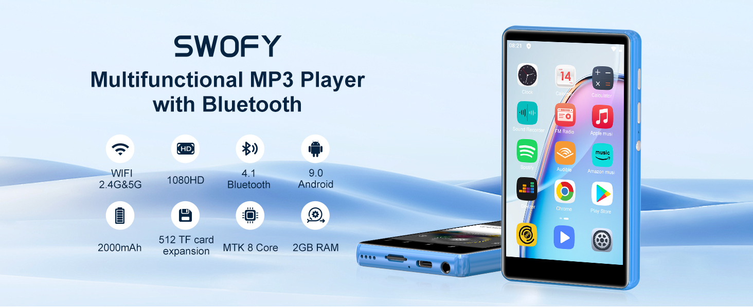 Blue MP3 player with Bluetooth, showing touchscreen interface and multiple features like FM radio, voice recorder, and e-book reader.