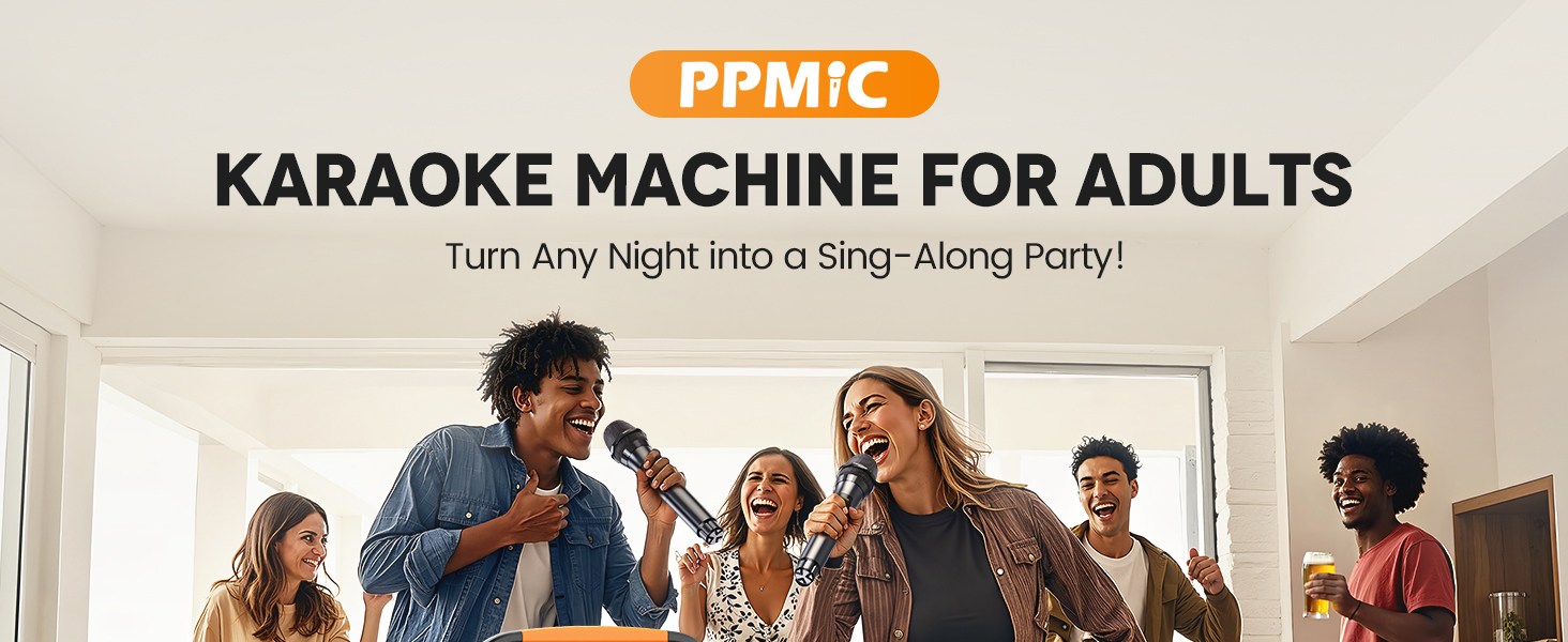 The PPMIC T26-T karaoke machine for adults with two wireless microphones.