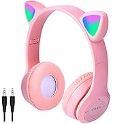 Pink Headphones for Kids, Megedream Cat Ear Led Light Up Kids Headphones Wiressless, 3.5mm Jack W...