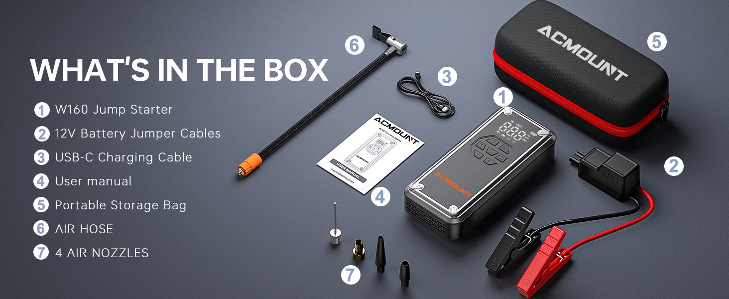 Portable jump starter kit with numbered components: battery pack, cables, USB-C cable, manual, storage bag, air hose, and nozzles. Includes a black and red case labeled 'AOSHUNT'.