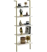 aboxoo Ladder Shelf White Marble Bookshelf 5-Tier Wall-Mounted Wood Rack Industrial Modern Plant ...
