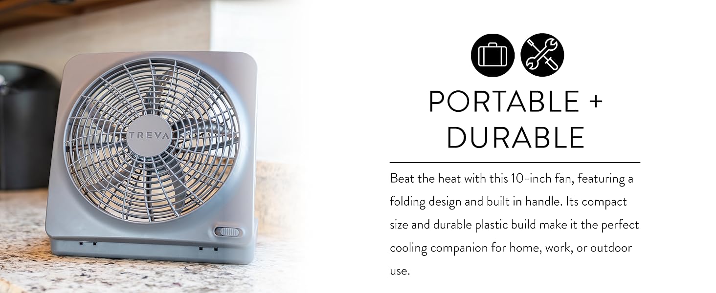 Treva 10 Inch Basic Fan Gray on Kitchen Counter