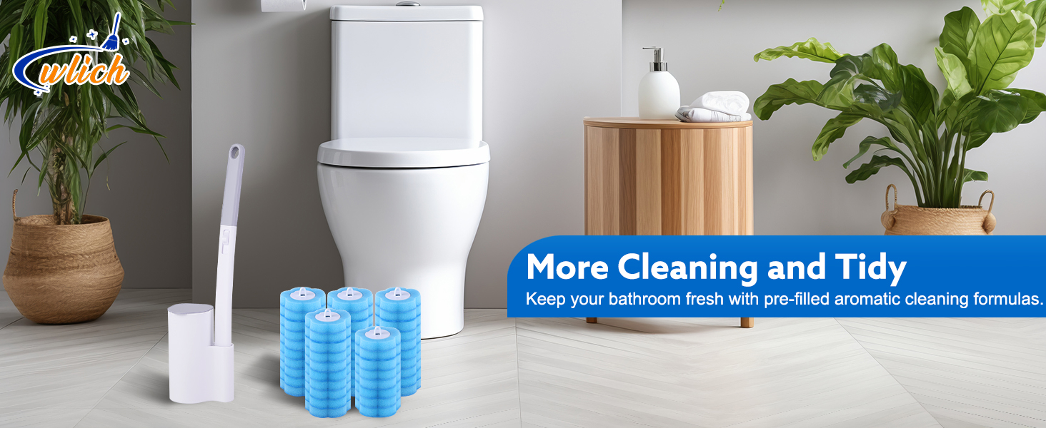 Text reads 'More Cleaning and Tidy'. Modern bathroom interior with white fixtures, cleaning supplies, and decorative plants against light-colored walls.