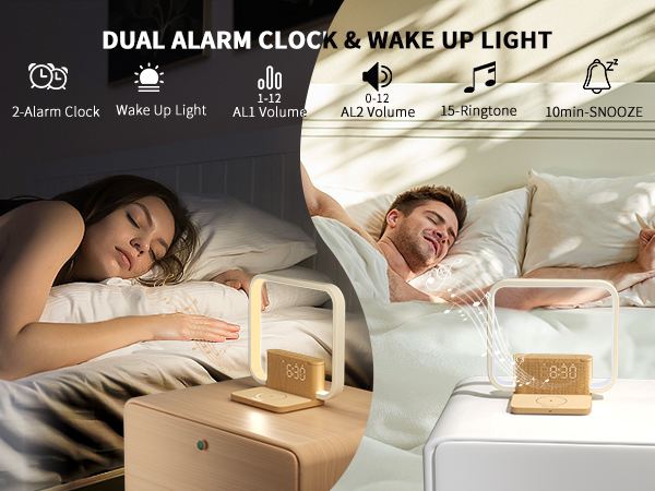 Dual alarm clock with wake-up light feature. Split image shows a couple sleeping and waking up. Icons display device functions including sound and light settings.