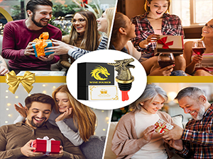 Collage of four images showing people opening gift boxes and exchanging presents, with a circular inset showing gift items.