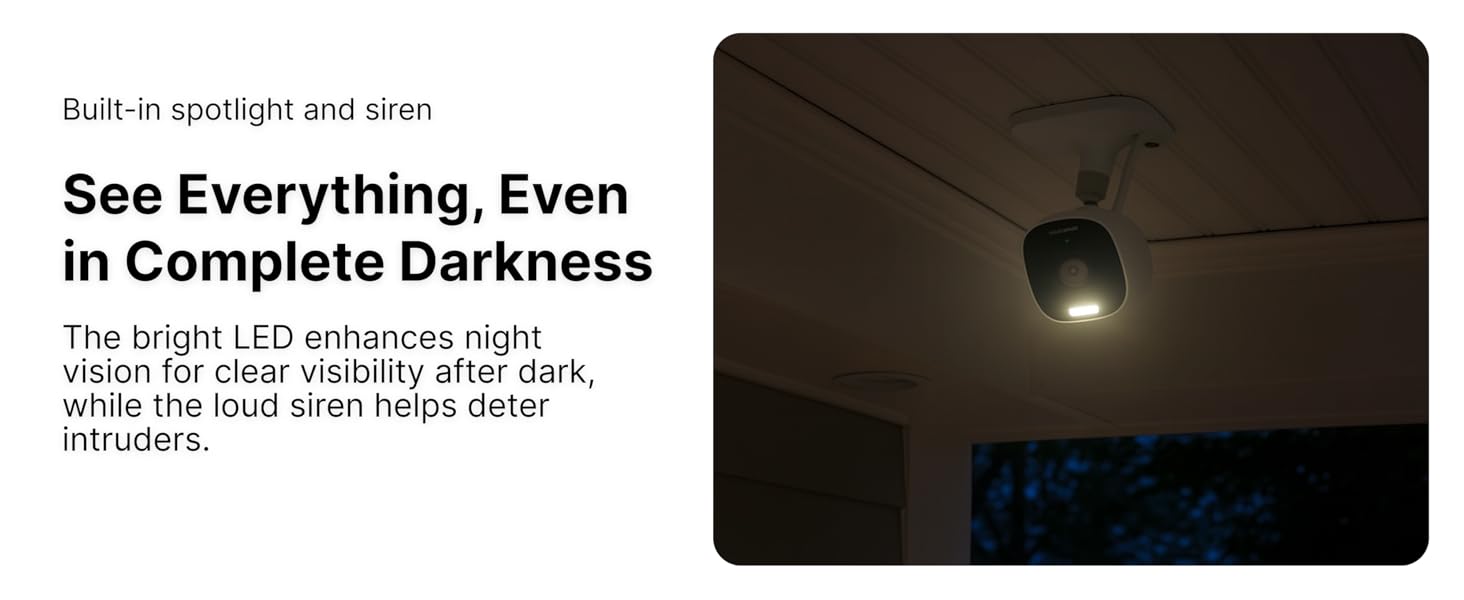 Camera with built-in LED spotlight and siren providing clear visibility in complete darkness.