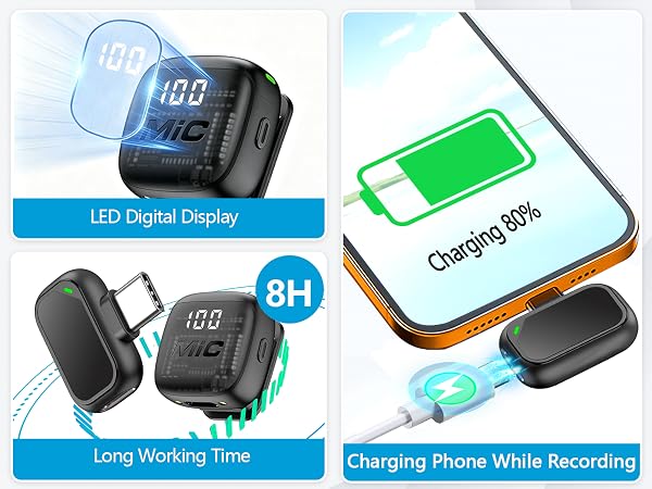 Text reads 'LED Digital Display', 'Long Working Time', 'Charging Phone While Recording', '8H'. Image shows black wrist-worn device from multiple angles with LED display, USB charging cable, and 8-hour battery indicator.