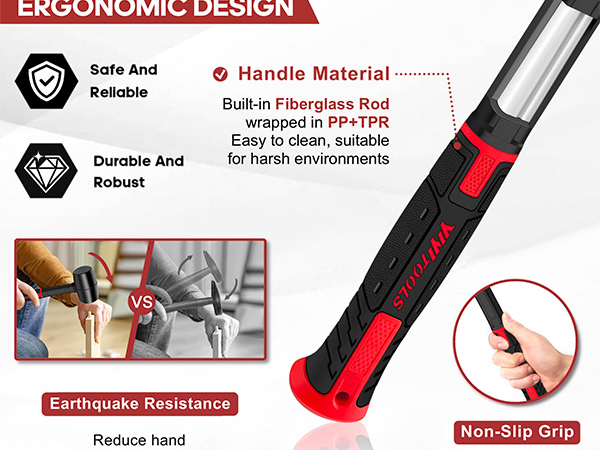  The fiberglass handle structure delivers maximum grip strength with an ergonomic design.