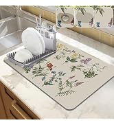 LOKHOM Dish Drying Mat for Kitchen Counter, 12"x20" Absorbent Coffee Bar Mat with Vintage Sage Fl...