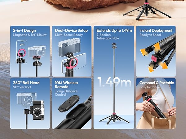 Text reads: '3-in-1 Design', 'Dual-Device Setup', 'Extends Up to 149m', 'Robust Deployment', '360° Ball Head', 'EM Wireless Remote', 'Compact Portable'. Tripod stand product showcase with 8 feature cards displaying design elements, wireless remote control, ball head mechanism, and portability options.