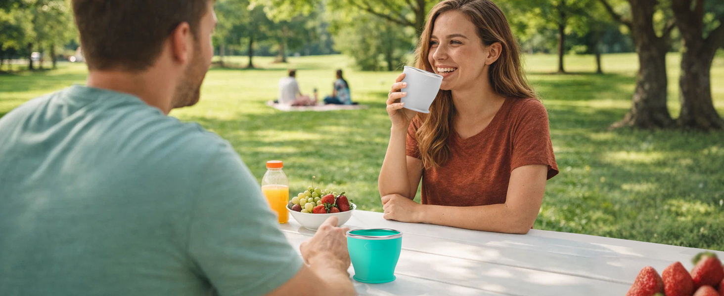Drink beverages from a camping cup while camping outdoors.