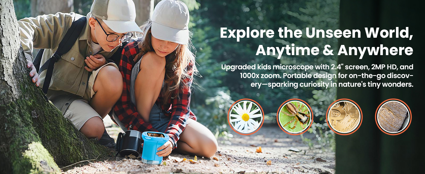 Text reads 'Explore the Unseen World, Anytime &amp; Anywhere'. Collection of cartoon-style icons and outdoor activity images promoting exploration theme.