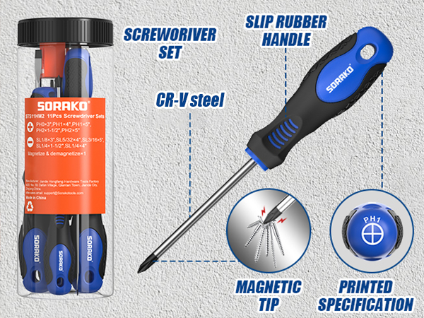 11-Pieces Magnetic Screw driver, Magnetic 5 Phillips and 5 Flat Head Tips
