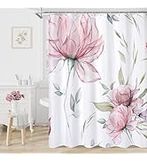 Litabel Pink and Grey Boho Watercolor Floral Shower Curtain, Ink Painting Style Blossom &amp; Leaf Sh...