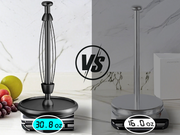 Comparison of two kitchen whisks: left shows black whisk with 'VS' text in center circle, right shows stainless steel whisk mounted on stand.