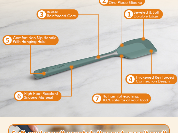 Silicone kitchen utensils with seamless design, reinforced steel core, and sturdy yet flexible heads