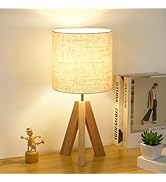 Small Table Lamp, Wooden Tripod Nightstand Lamp with Linen Fabric Shade, Cute Boho Modern Bedside...