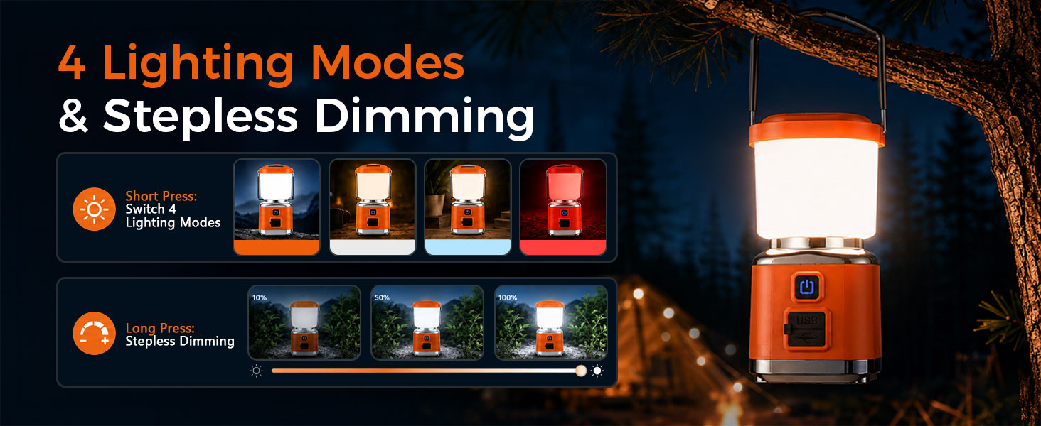 4 Lighting Modes &amp;amp; Stepless Dimming of Battery Powered LED Camping Lanterns