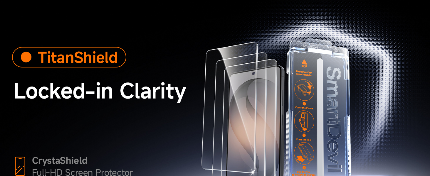 Text reads 'TitanShield' and 'Locked-in Clarity'. Marketing image showing phone screen protector with glowing white outline effect against dark background.